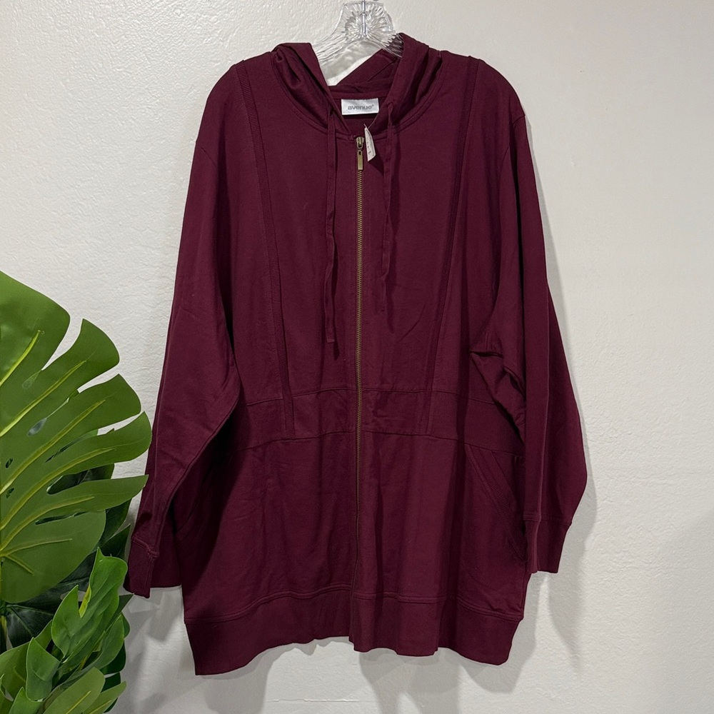 NWT Avenue Burgundy Hooded full zip Jacket with pockets plus size 30/32